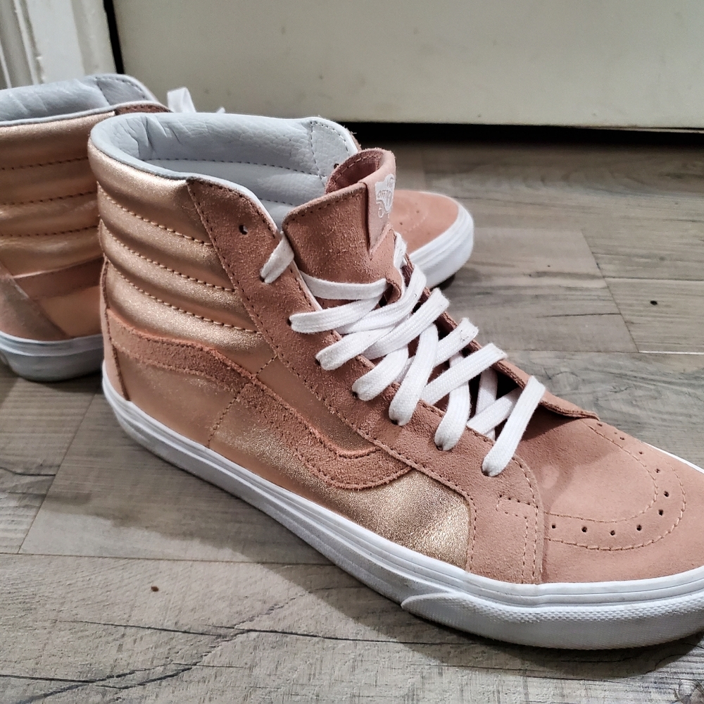 Blush and rose gold high top vans